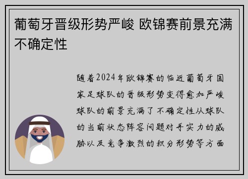 葡萄牙晋级形势严峻 欧锦赛前景充满不确定性