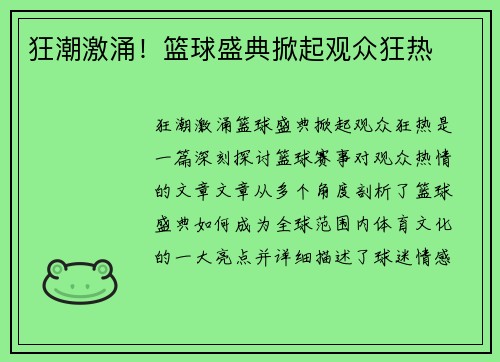 狂潮激涌!篮球盛典掀起观众狂热 狂潮激涌!篮球盛典掀起观众狂热