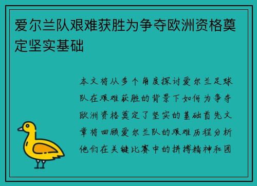 爱尔兰队艰难获胜为争夺欧洲资格奠定坚实基础